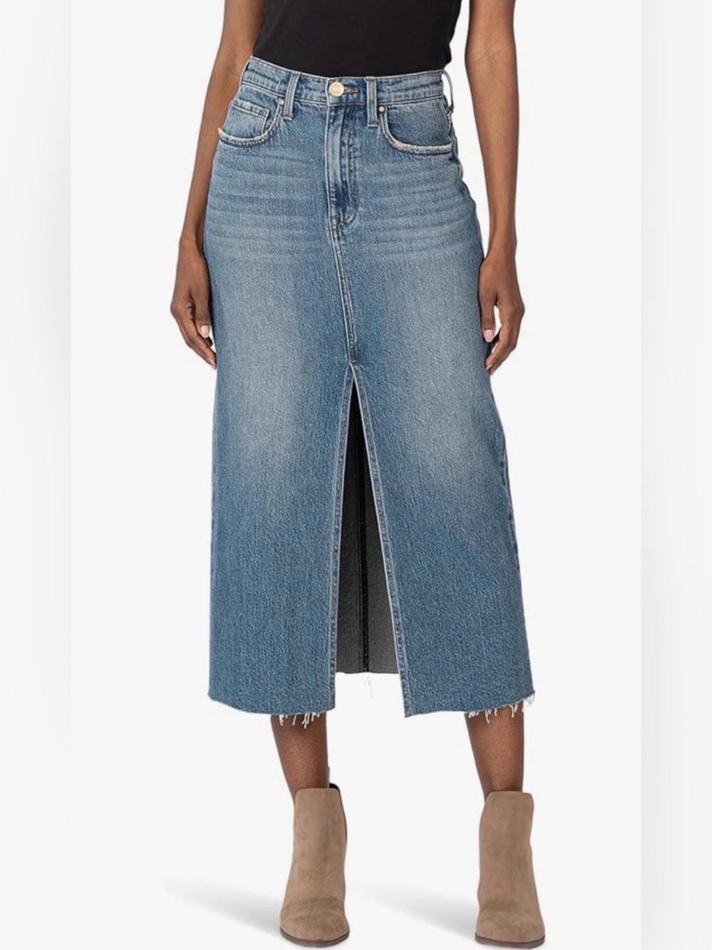 NWOT Kut from the Kloth Blue Denim Midi Skirt with Front Slit size 8